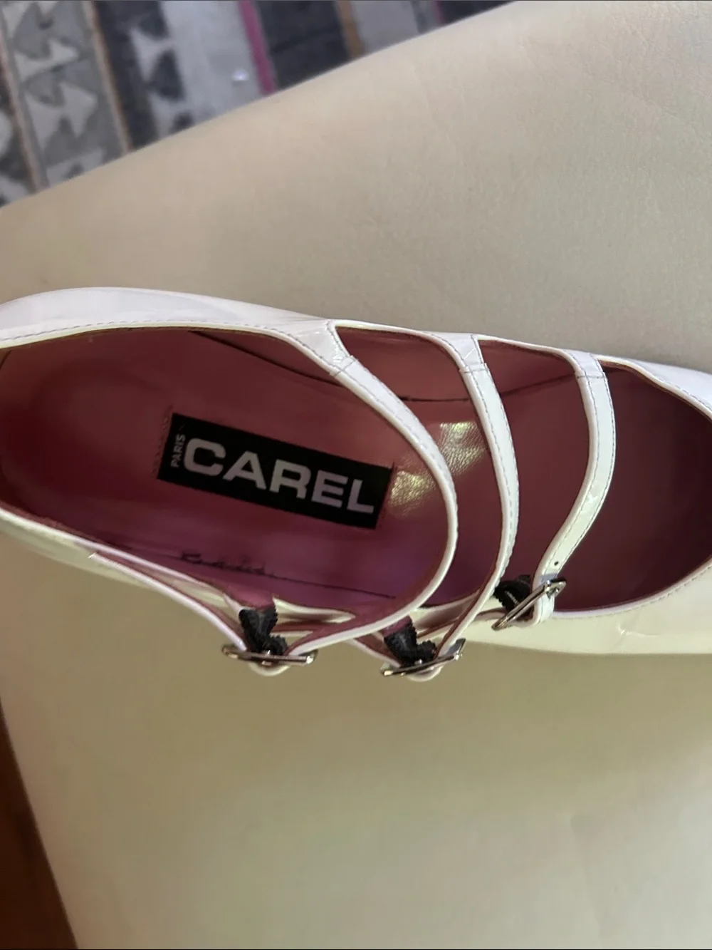 Carel White Patent Mary Jane Flats with Triple Straps